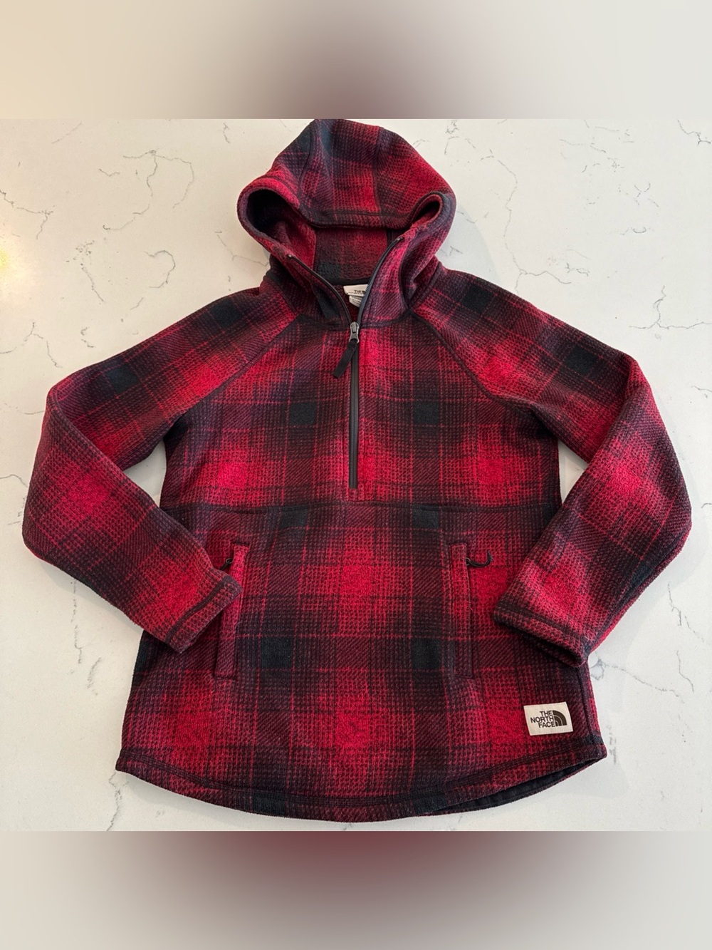 The North Face Plaid Fleece Pullover Sweatshirt Womens 1/4 Zip pocket